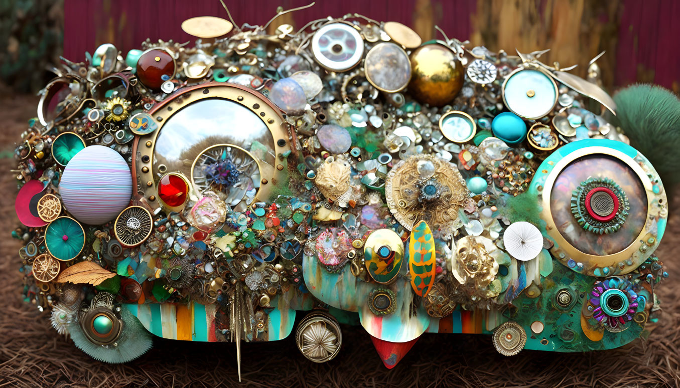 Colorful Mixed-Media Sculpture with Buttons, Beads, and Gears