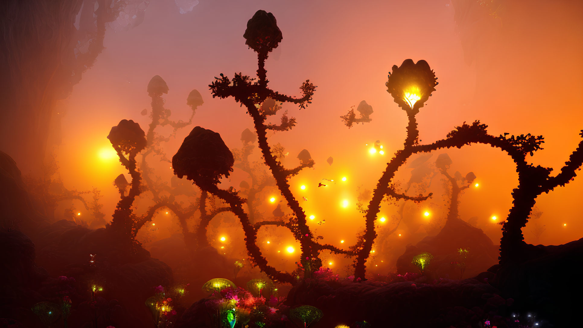 Alien landscape with glowing plants under orange sky