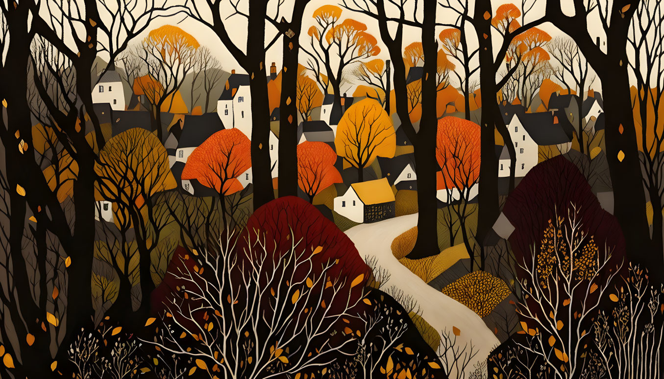 Stylized autumn landscape with black and orange trees and cozy houses nestled in hills