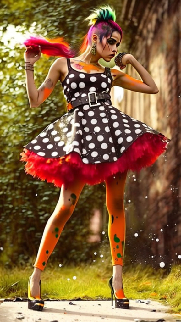 Colorful woman in polka-dot dress with multicolored hair in playful pose surrounded by soap bubbles