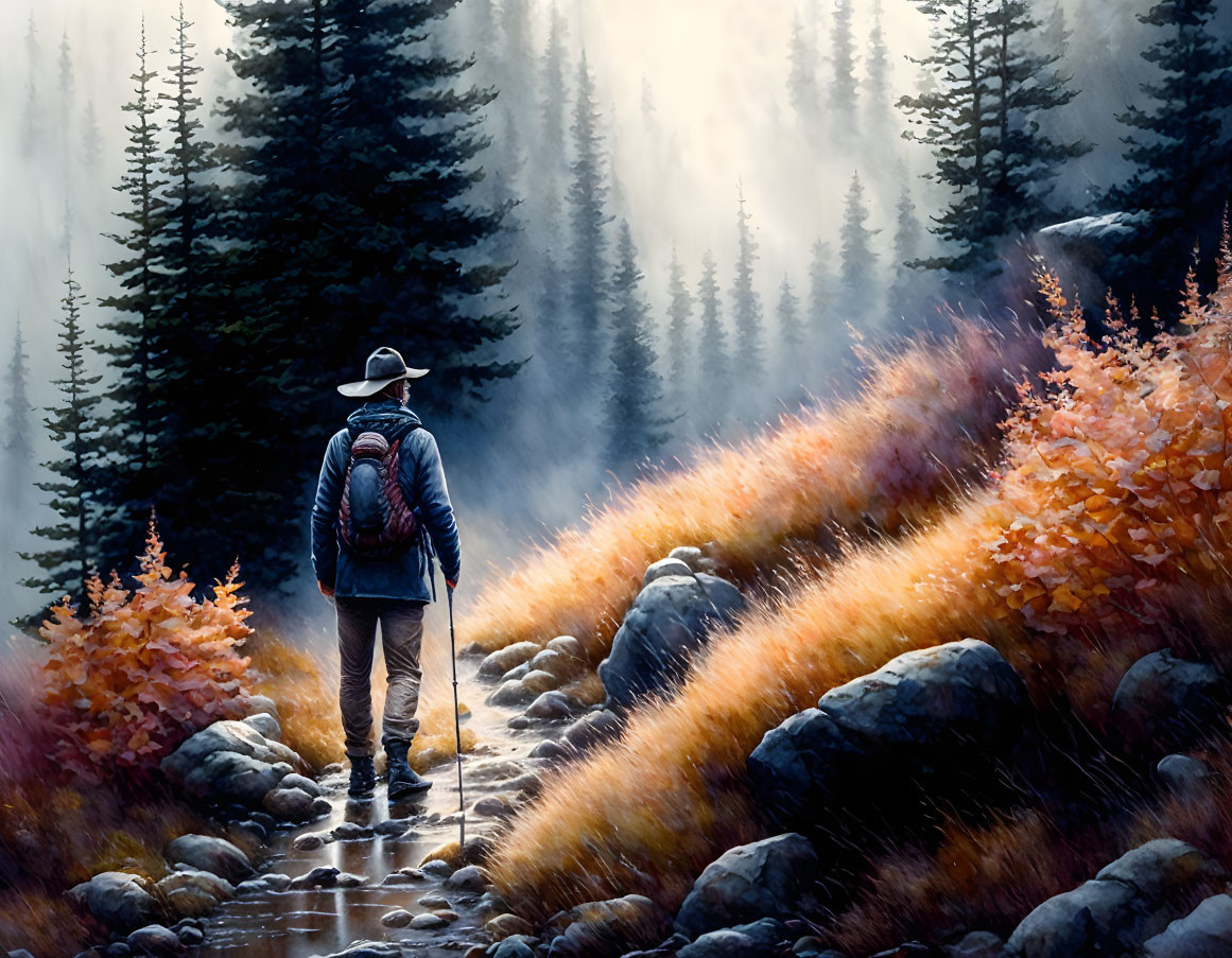 Person with hat and backpack walking in misty autumn forest with sunlight filtering through trees