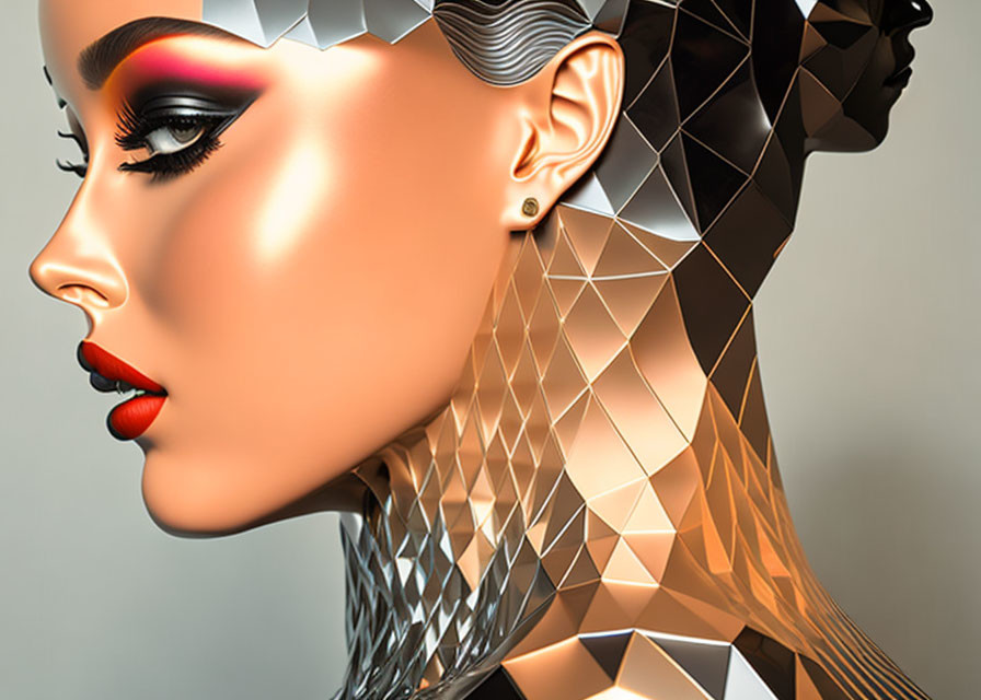 Faceted metallic texture on woman's face and neck