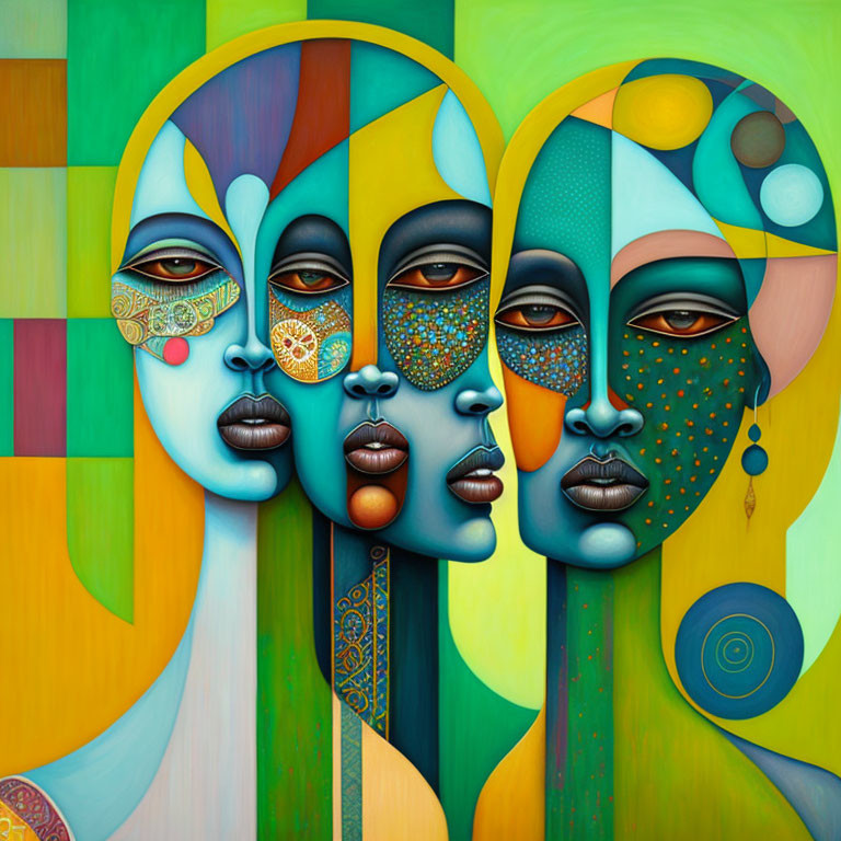 Vibrant Abstract Painting of Stylized Faces and Geometric Background