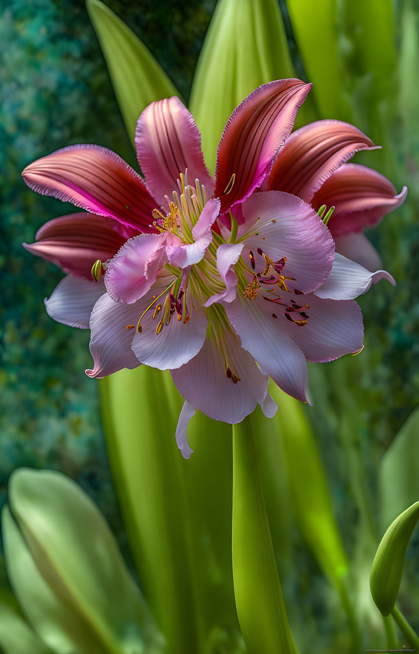 Vibrant pink lily with prominent stamens on blurred botanical backdrop