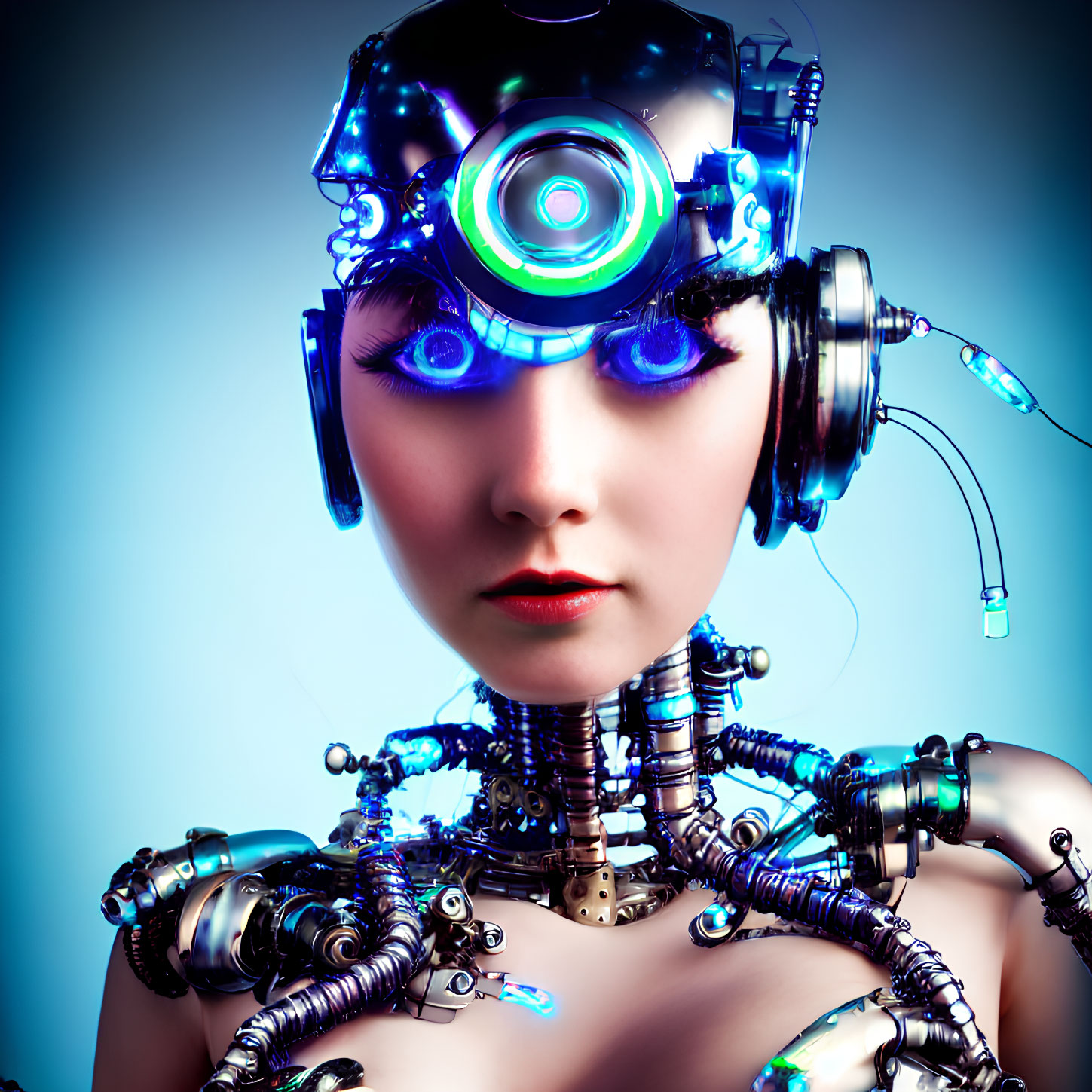 Female Android with Cybernetic Parts and Blue Light Forehead Circlet