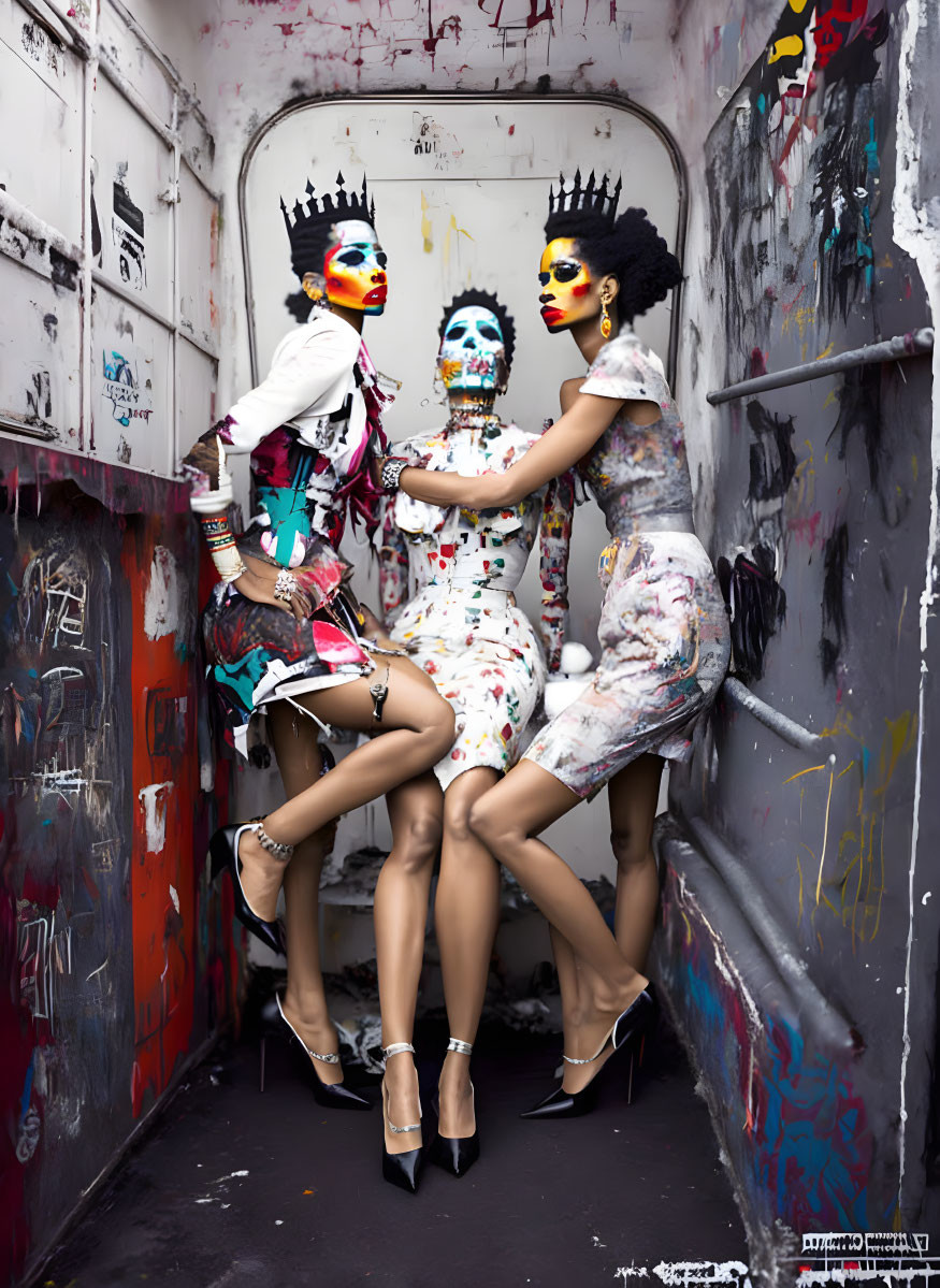 Three women in colorful skull makeup pose in graffitied vehicle, wearing elegant dresses and high heels