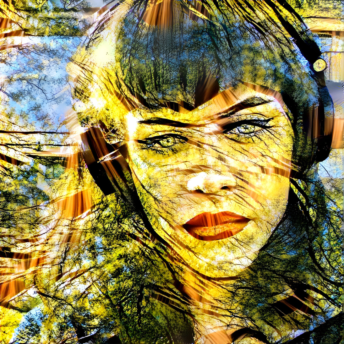 model with headphones, sunshine, trees, retexture