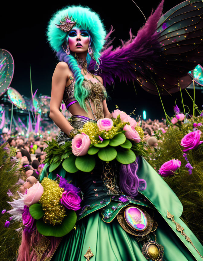 Colorful Person with Turquoise Hair in Floral Fantasy Setting