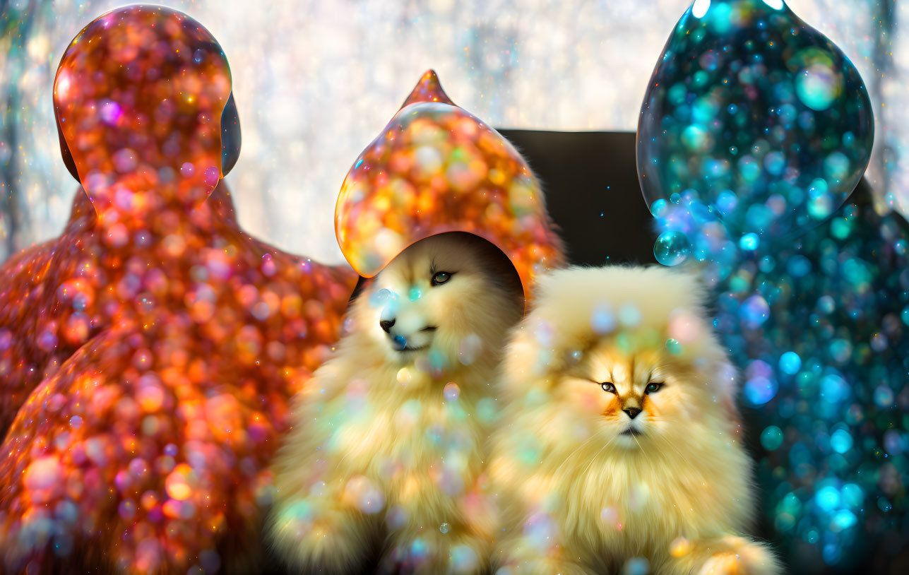 Cream-Colored Cats Against Colorful Backdrop with Silhouettes