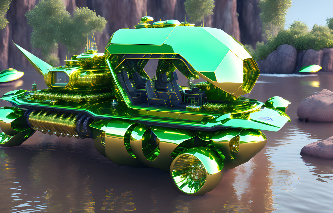 Green and Gold Spherical Amphibious Vehicle on Riverbank