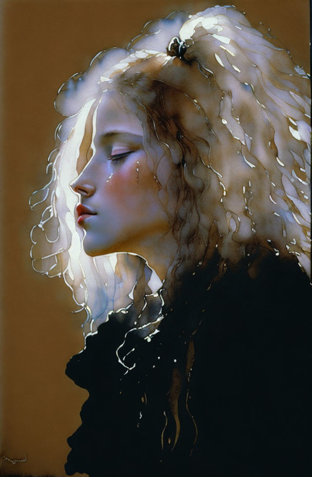 Blonde Woman with Curly Hair on Dark Background