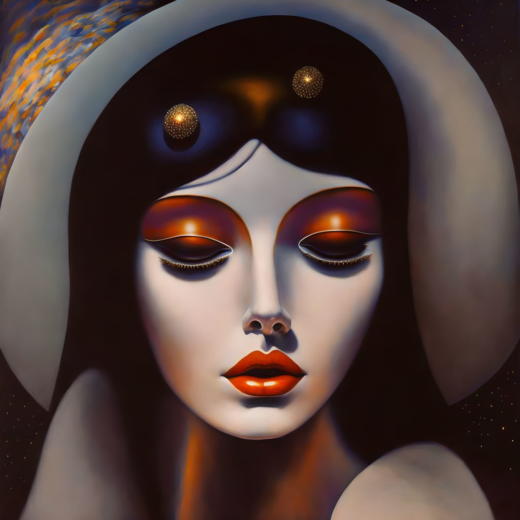 Stylized surreal portrait of a woman with closed eyes and celestial adornments