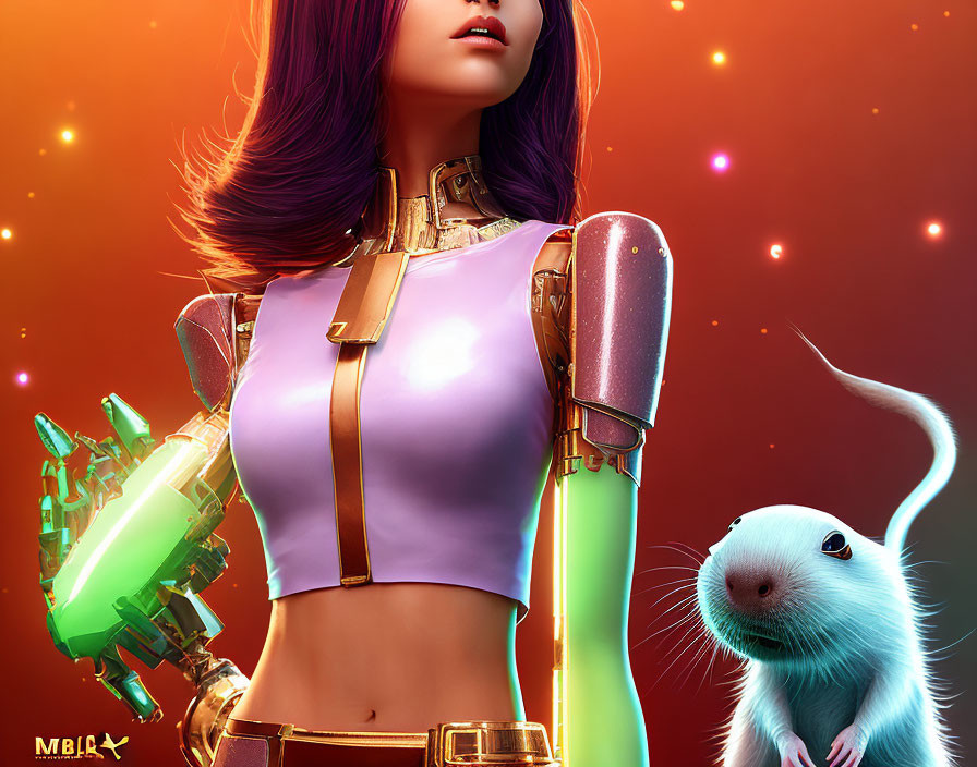 Futuristic woman with robotic arm and white mouse in vibrant orange digital artwork