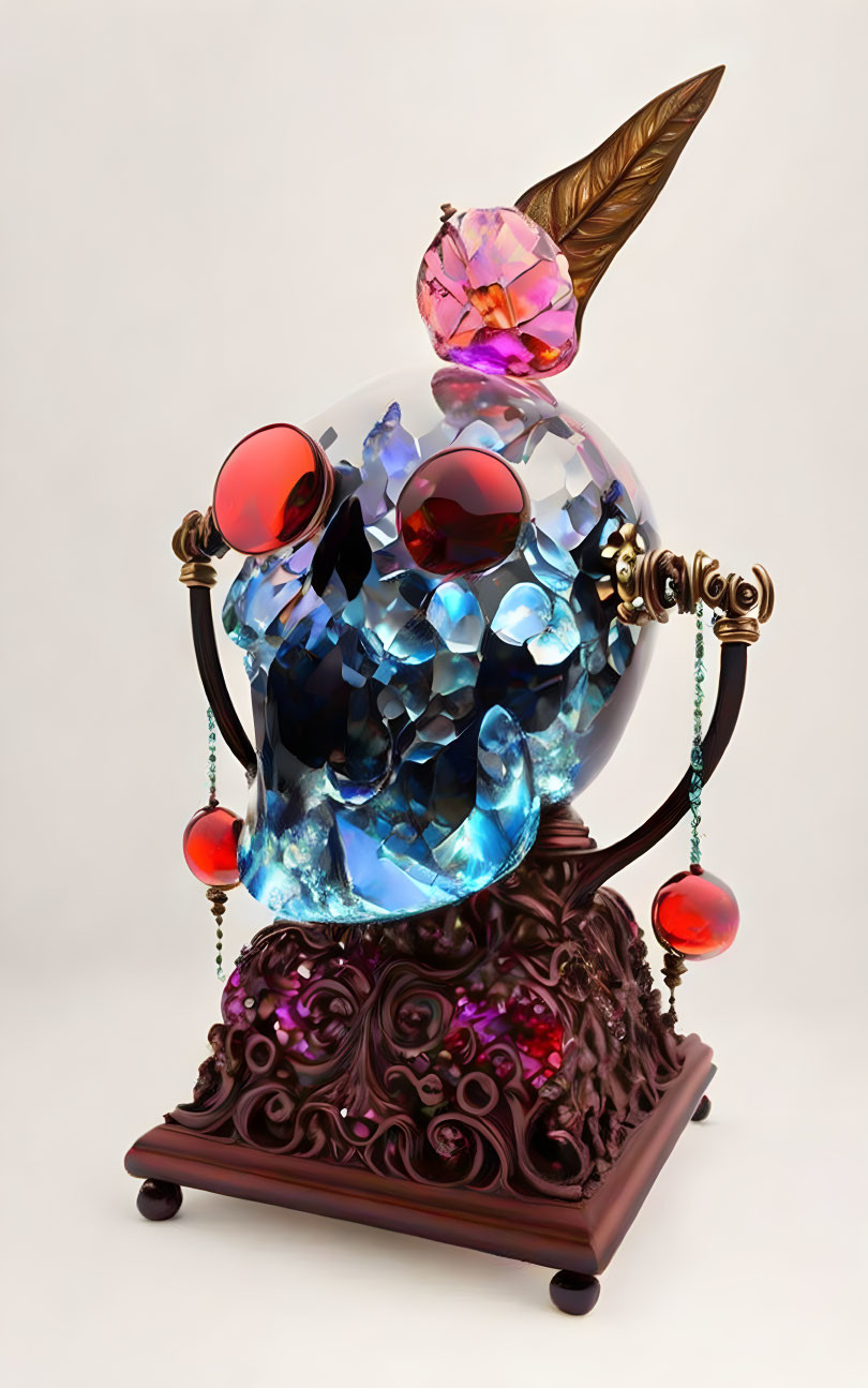 Ornate crystal ball with multicolored gems and bronze base.