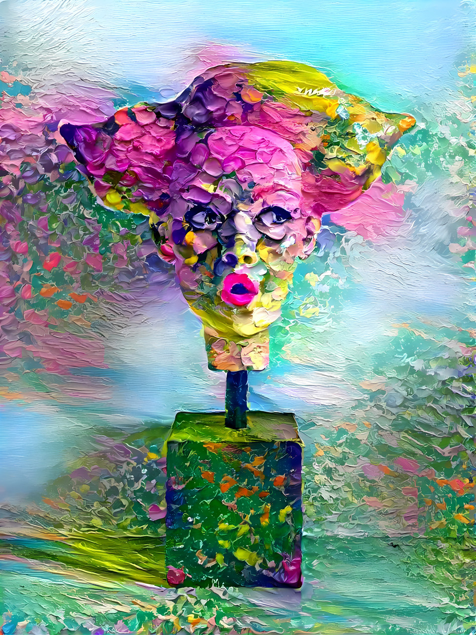 painting of statute, pink, green, aqua oil paint