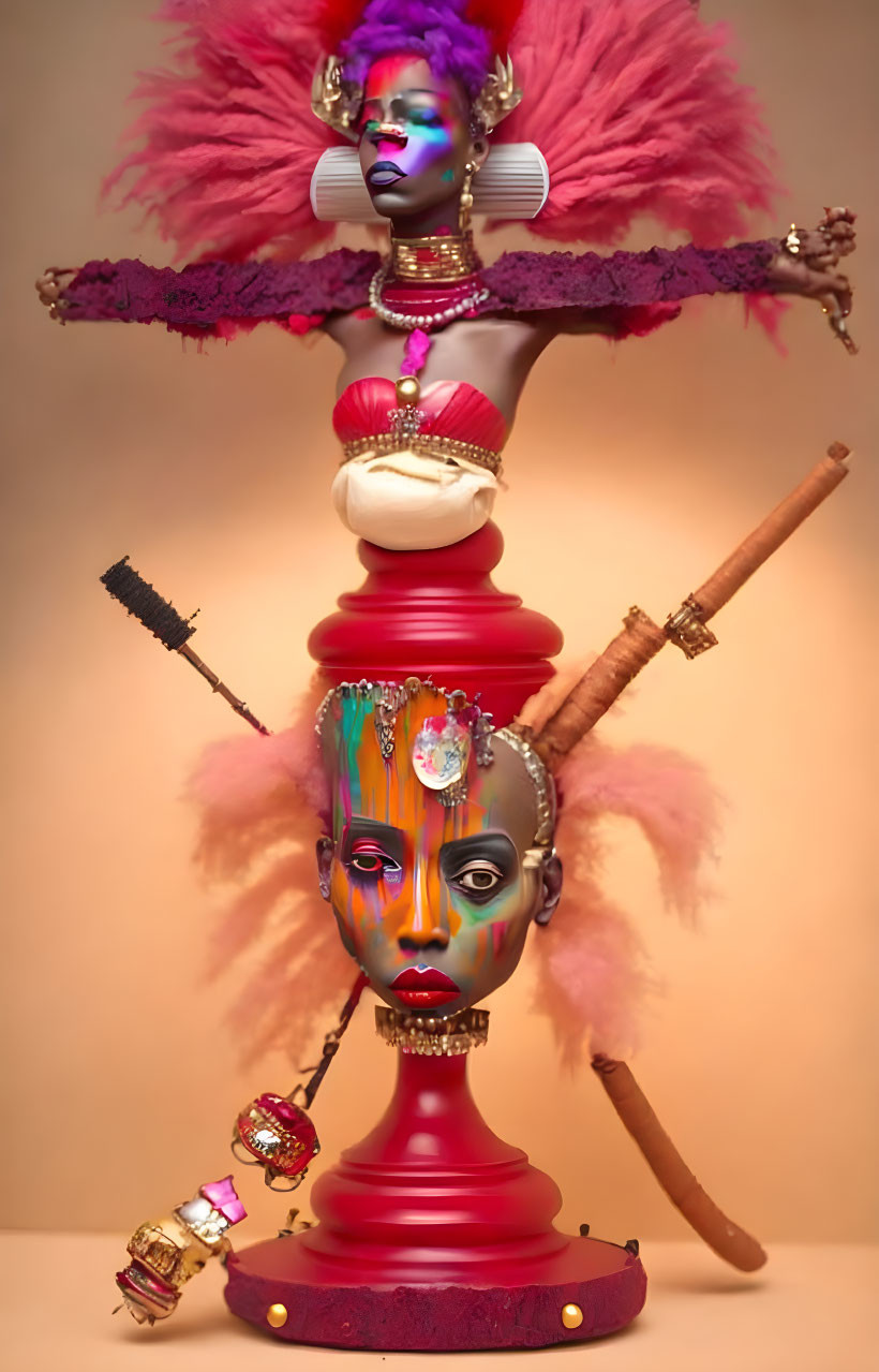 Vibrant makeup and jewelry adorned mannequin heads with brushes and ornaments.