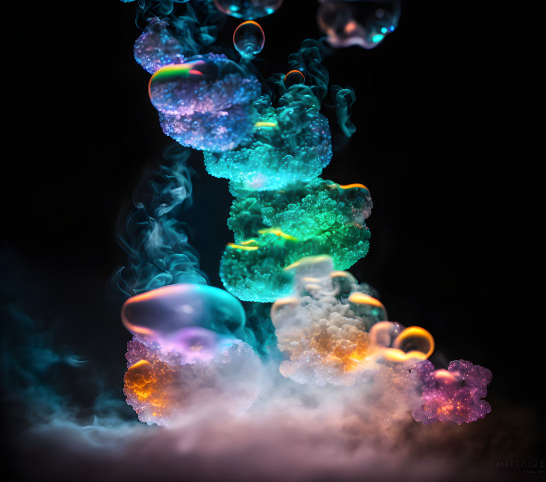 Colorful Glowing Bubbles in Dark Setting: Blue, Green, Orange Hues