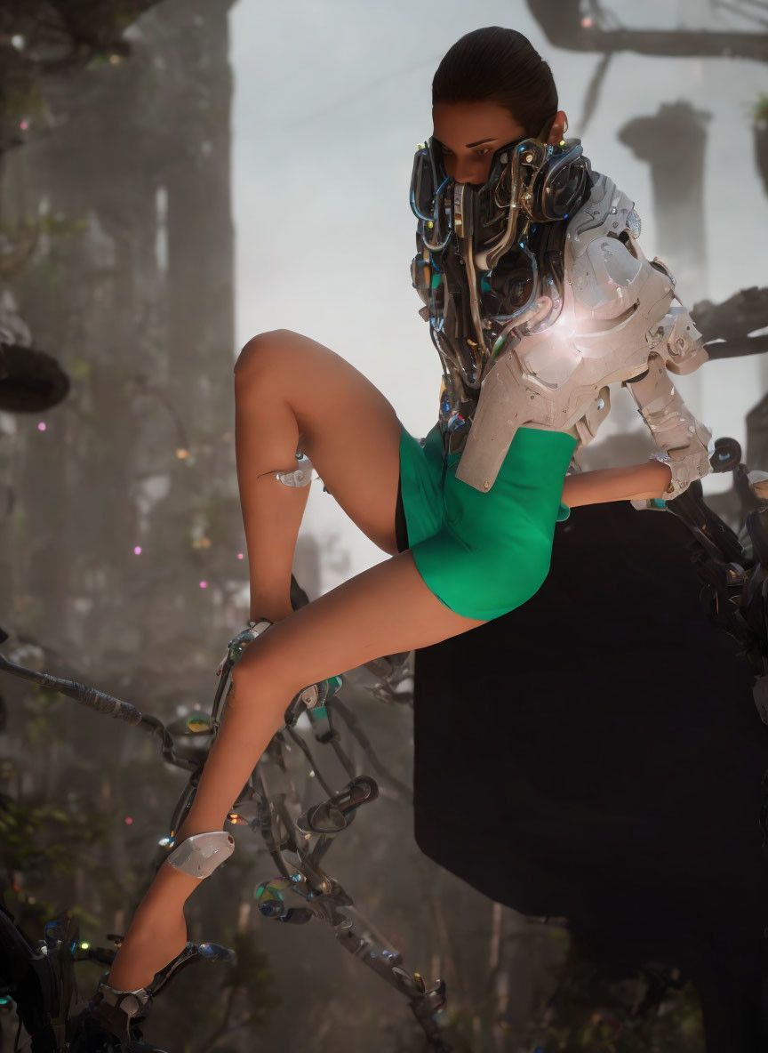Mechanical body person in green dress on futuristic structure with mist and glowing orbs.