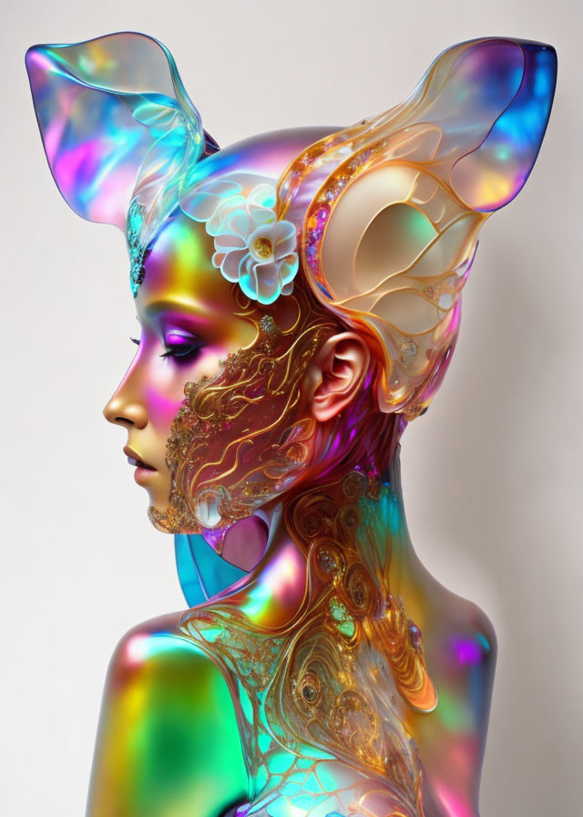 Surreal portrait of person with metallic skin and rabbit ears