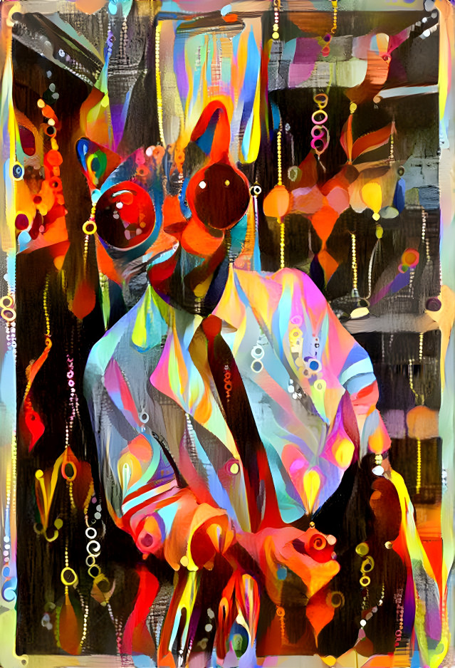 cat in sunglasses and lab coat, neon beads