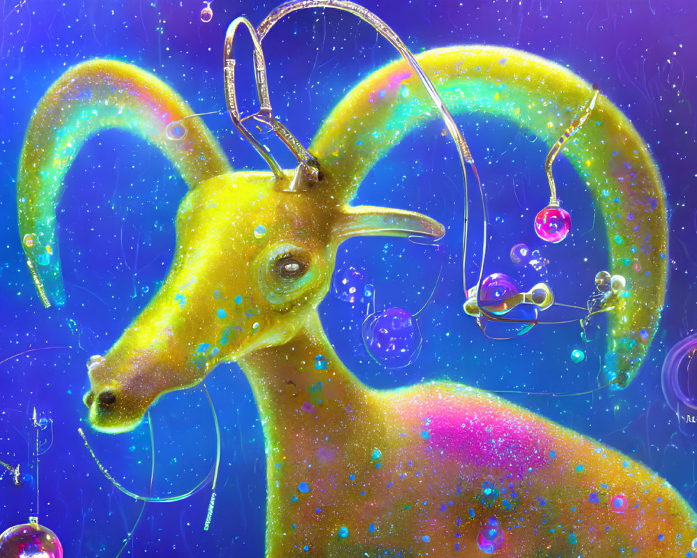 Colorful Cosmic Goat Artwork with Swirling Horns in Celestial Space