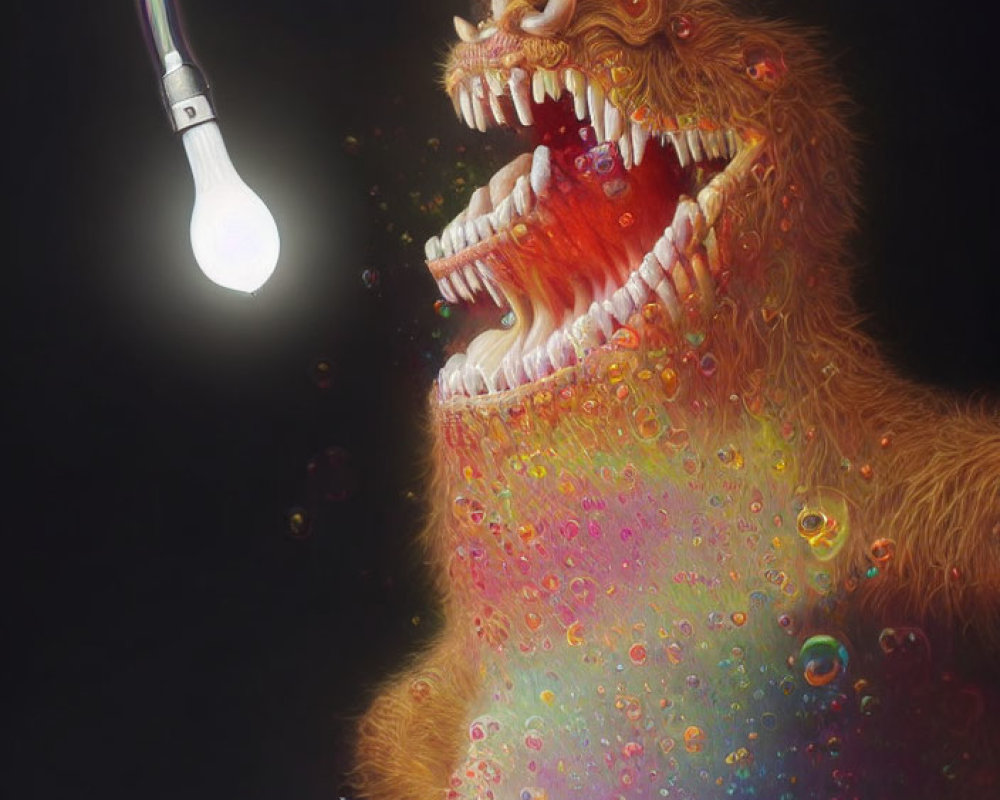 Colorful surreal creature with multiple rows of teeth and a glowing lightbulb mouth on dark background