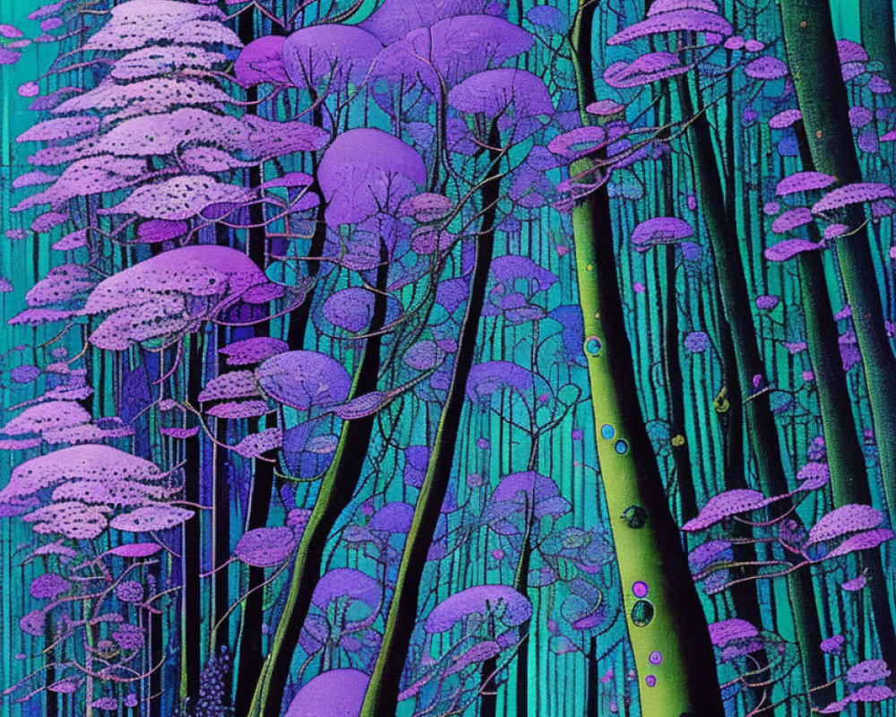 Mystical forest illustration with towering trees and purple foliage