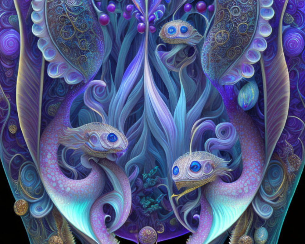 Symmetrical mystical creatures in vibrant digital artwork