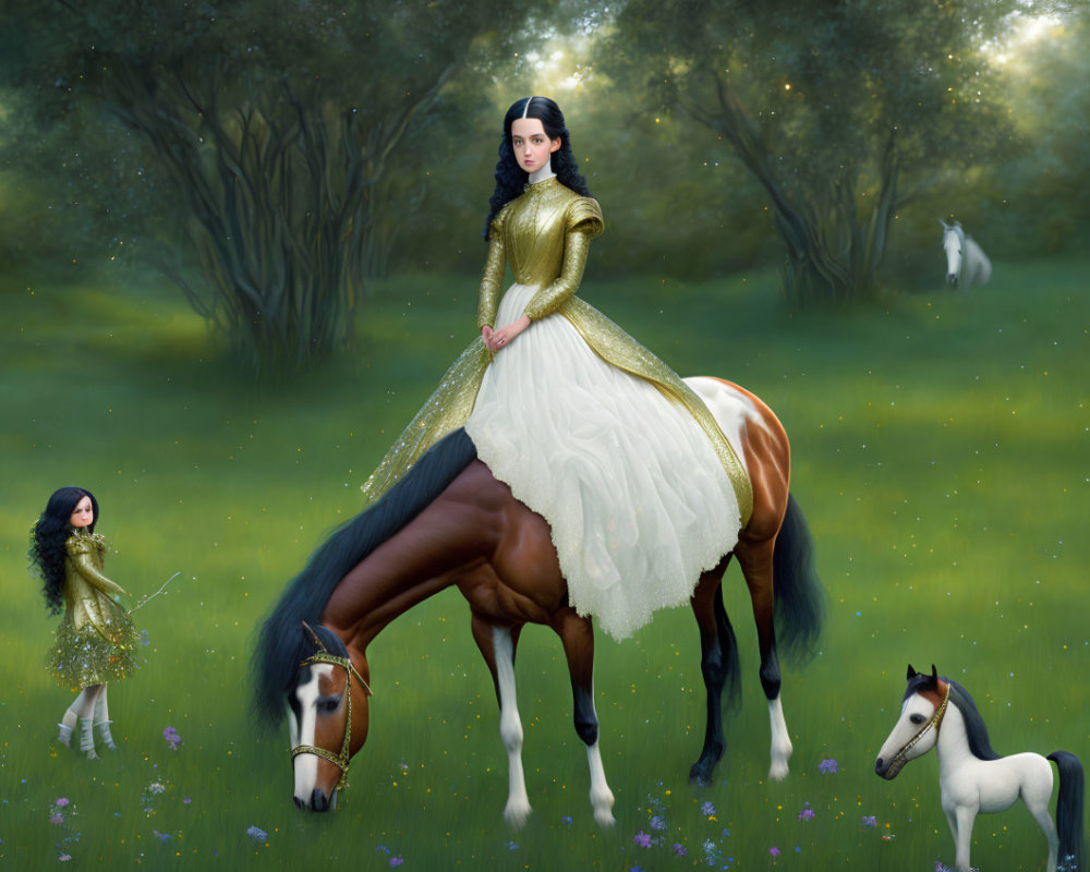 Digital artwork: Woman in golden medieval gown on horse in enchanted meadow