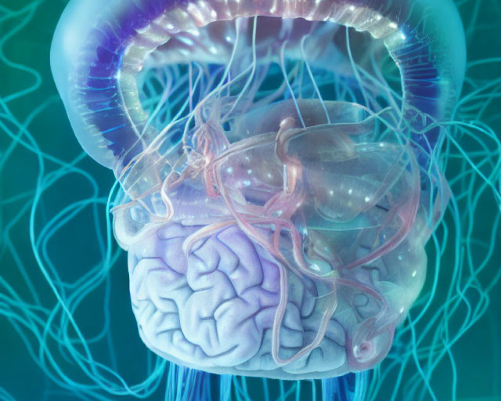Digital artwork merging jellyfish with human brain symbolizes brain functionality.