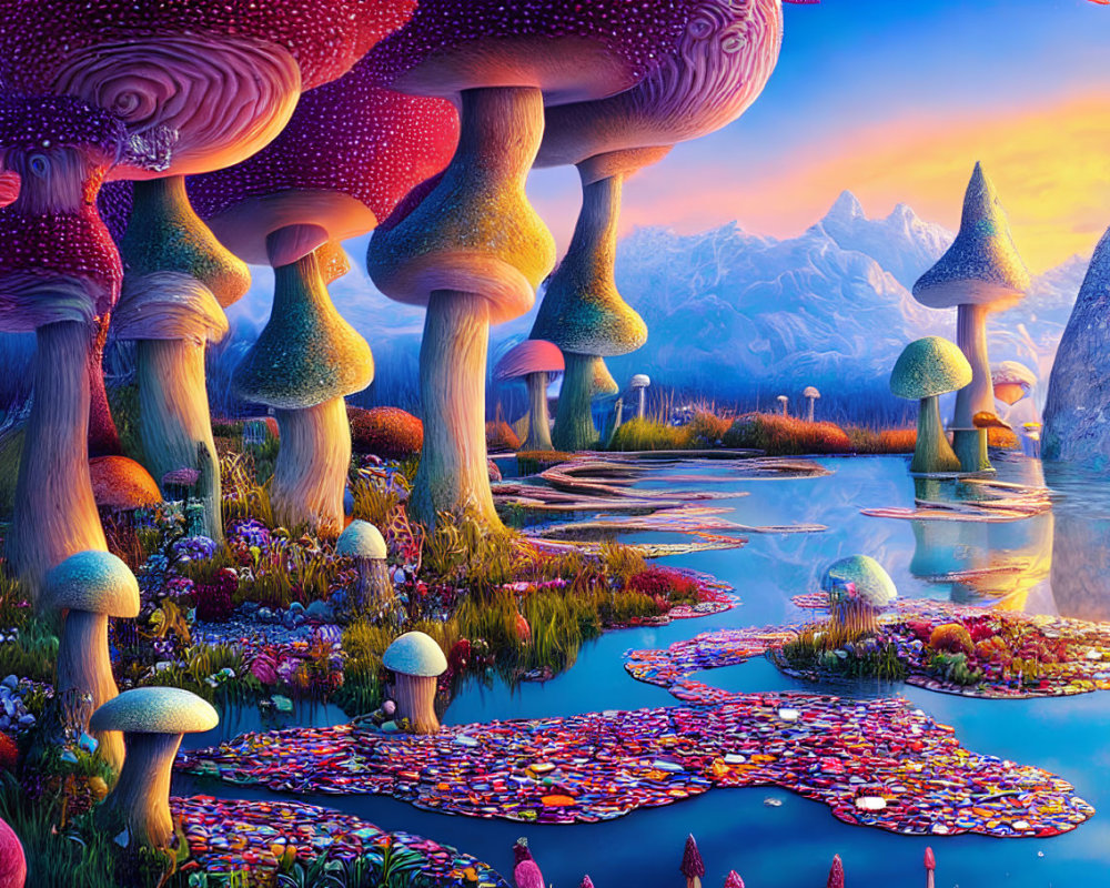 Colorful Oversized Mushrooms in Vibrant Fantasy Landscape