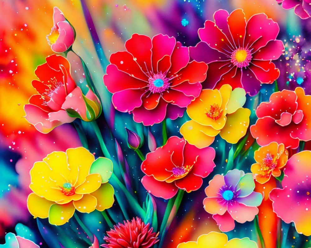 Colorful Psychedelic Flower Art on Neon Background