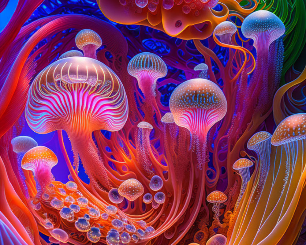 Colorful digital artwork: Fantasy underwater scene with neon jellyfish and coral structures