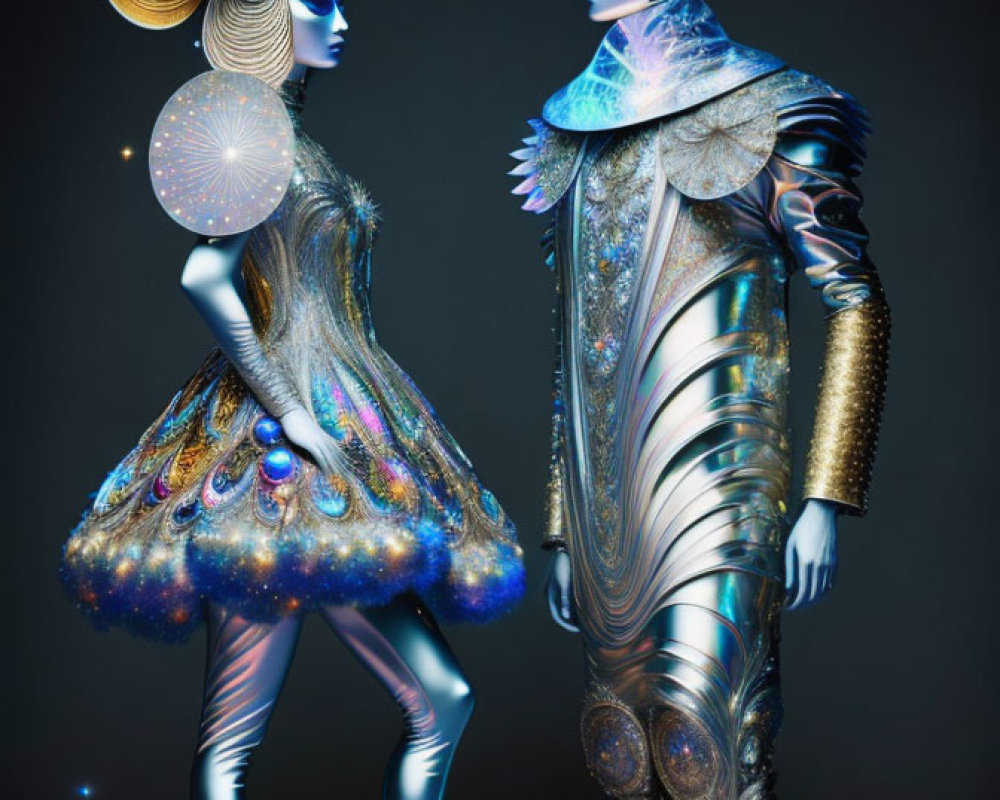 Futuristic models in metallic body paint with cosmic costumes