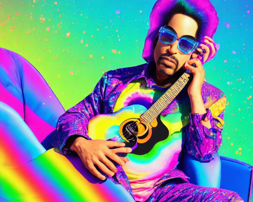 Vibrant portrait of person in psychedelic attire with miniature guitar, pink afro hair, and blue