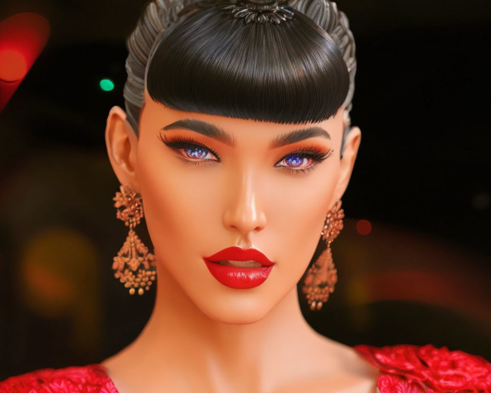 Illustrated portrait of a woman with slicked-back hair, blue eyeshadow, red lipstick,