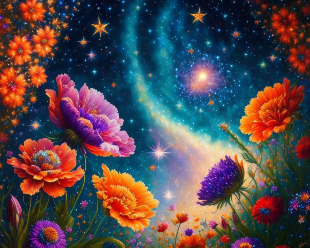 Colorful Flowers and Starry Night Sky with Swirling Galaxy