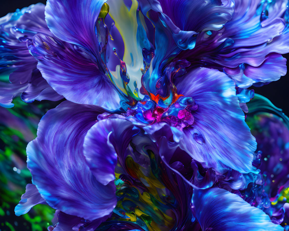 Colorful digital artwork: Dynamic blue and purple petals with liquid splashes