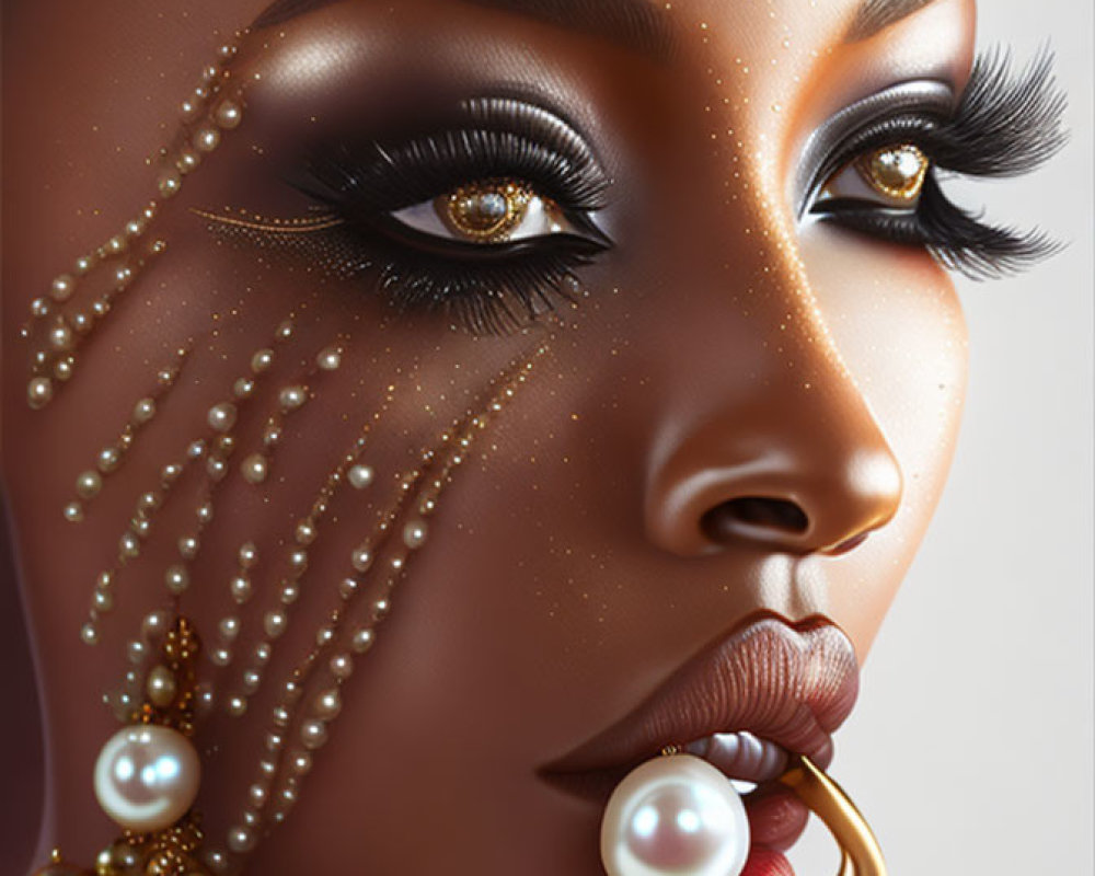 Woman with dramatic makeup and nose ring in close-up view