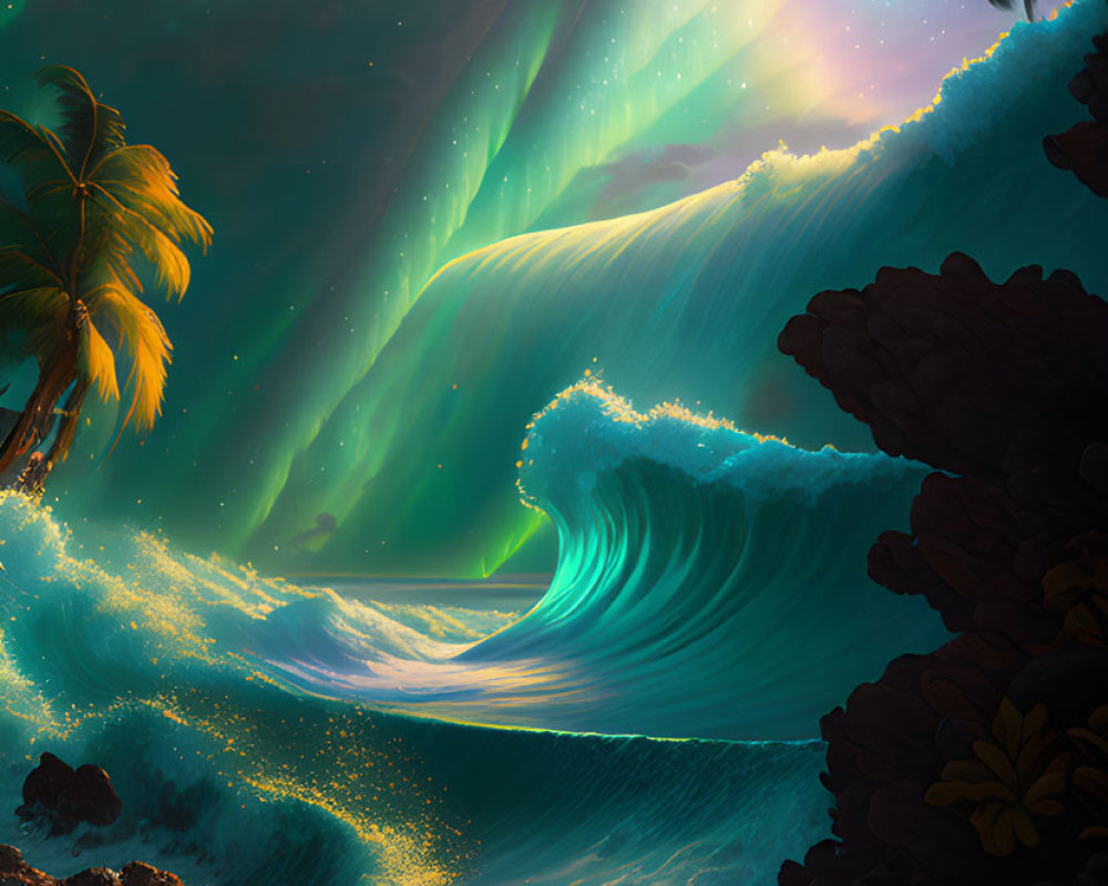 Tropical Beach Night Scene with Luminous Wave and Aurora