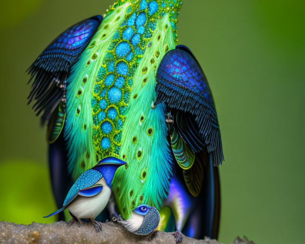 Colorful digital artwork of a fantastical bird with blue and green plumage on a branch