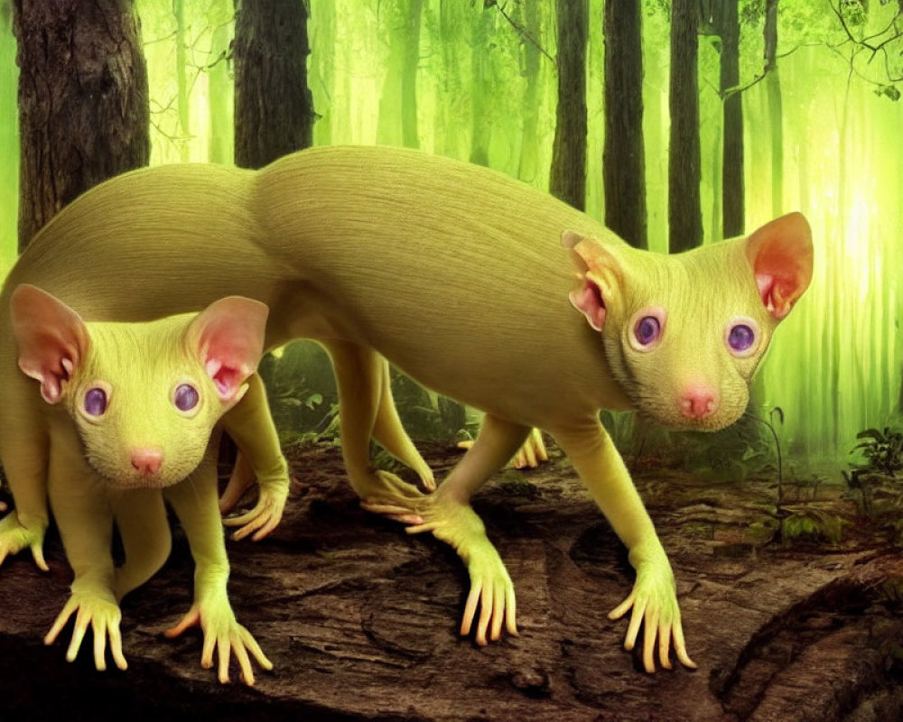 Lime-green creatures with large ears in mystical forest landscape