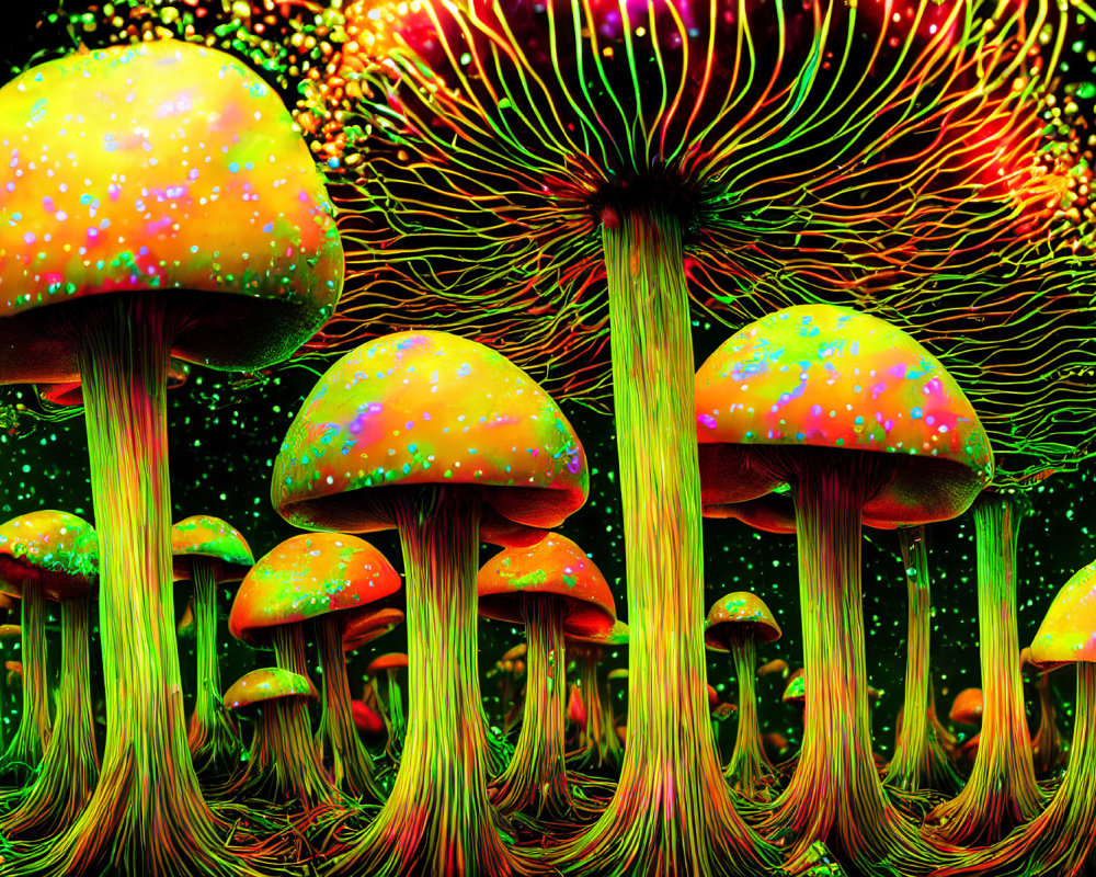 Colorful Psychedelic Mushrooms with Neon Dots on Black Background