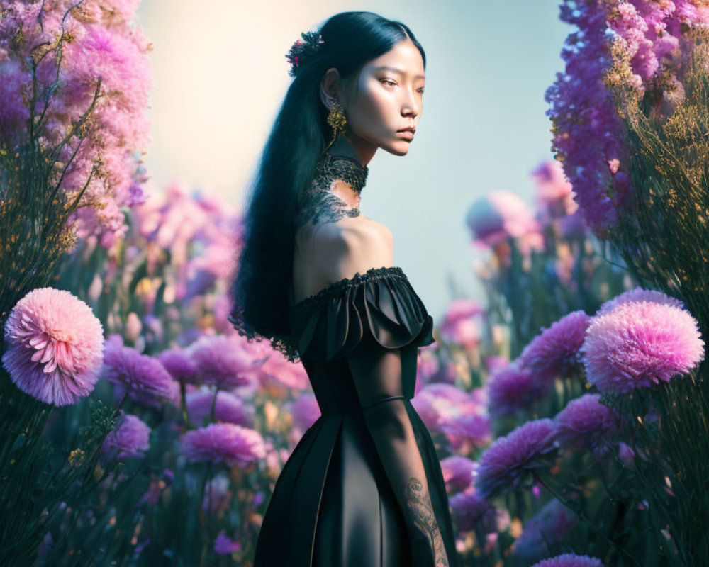 Woman in Black Dress Surrounded by Pink Flowers and Butterfly