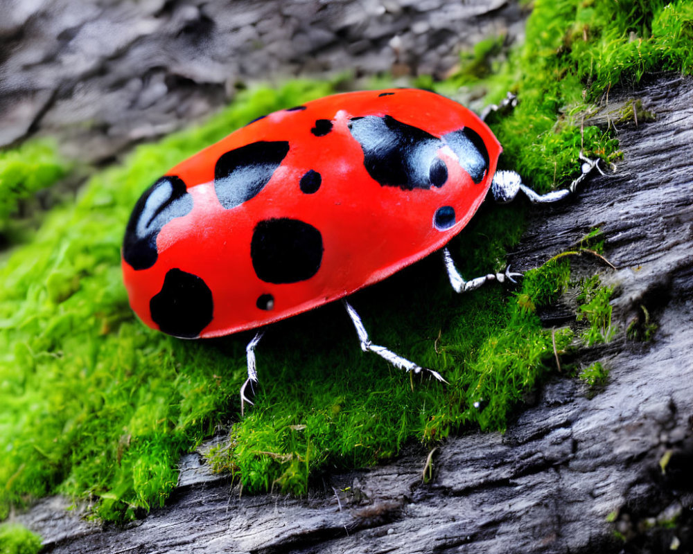 Red ladybug with black spots on green moss-covered bark