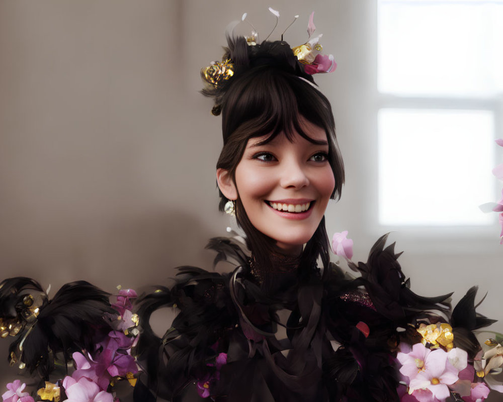 Smiling woman in black feathered outfit with floral accessories in a sunlit room