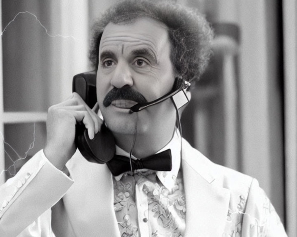 Man with Prominent Mustache in Bowtie Speaks on Telephone with Vintage Photo Effect