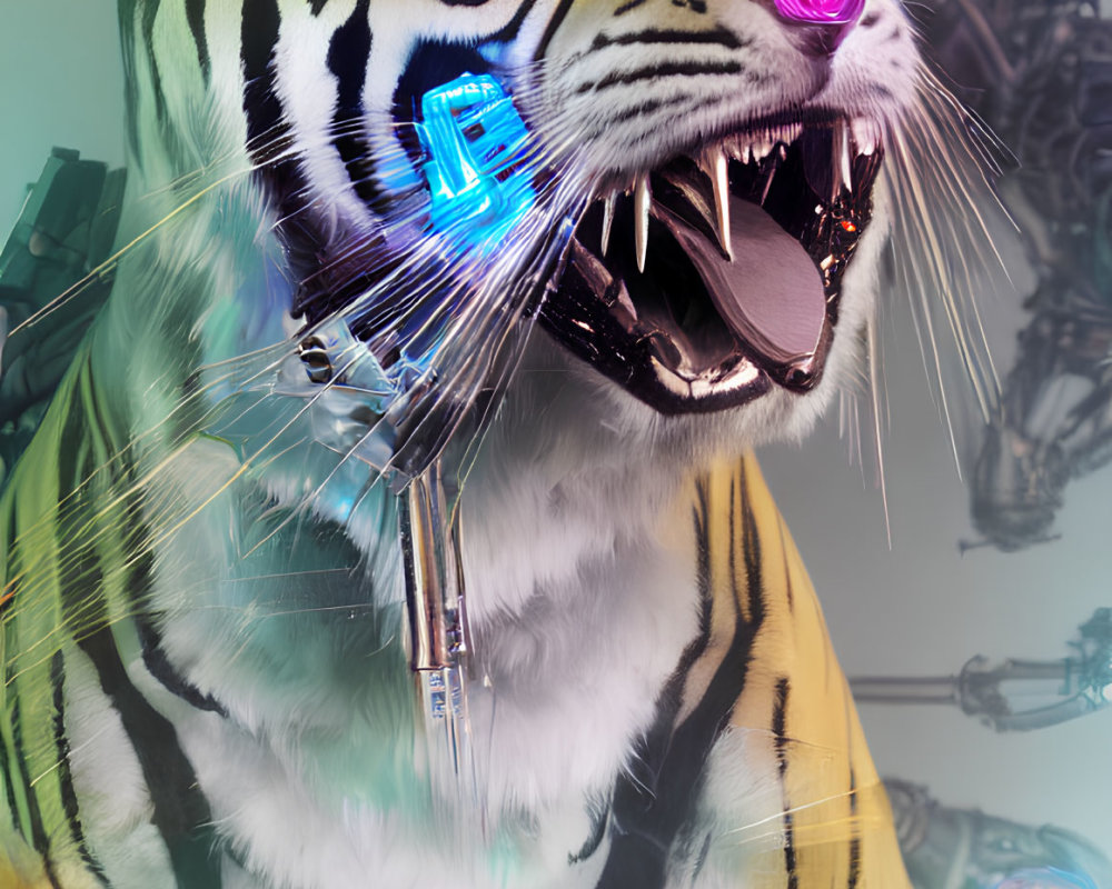 Roaring tiger head with cybernetic elements and neon lights on cool-toned background