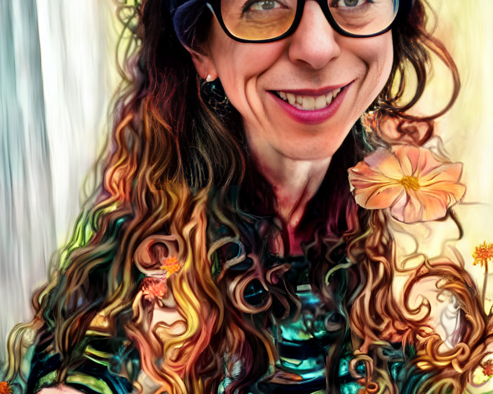 Colorful Portrait of Smiling Woman with Curly Hair and Glasses
