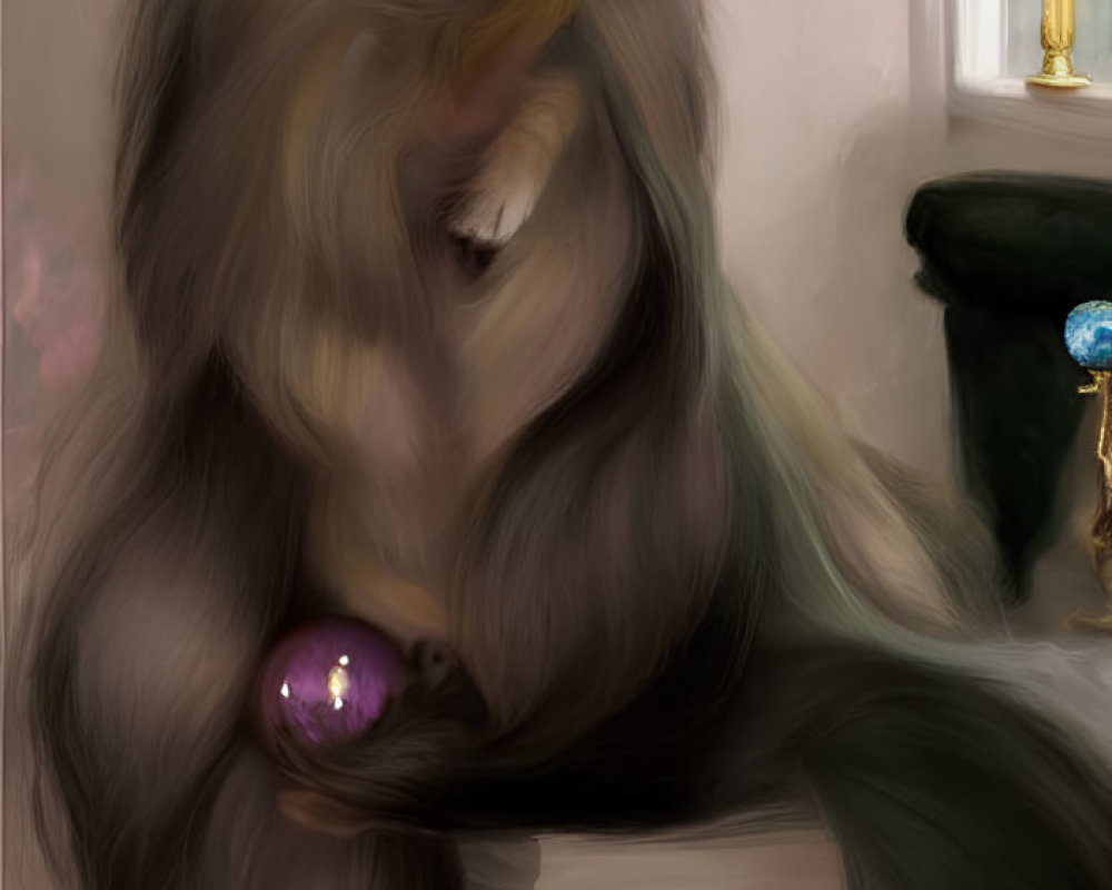 Anthropomorphic Chihuahua illustration with long fur and purple orb by window